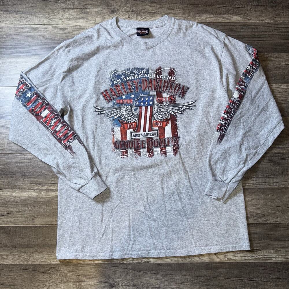 Harley Davidson Long Sleeve Shirt Medium Gray Savannah Georgia Y2K Double Sided
